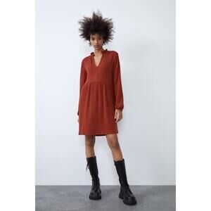 Zara Ribbed Long Balloon Sleeve Babydoll Sweater Shirt Mini Dress V Neck M Brown